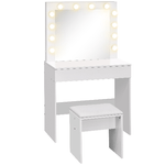 HOMCOM Set Tavolo da Trucco Toeletta con Specchio, 12 Luci LED, Sgabello Imbottito e Ampio Cassetto in Legno, 80x40x140 cm, Bianco