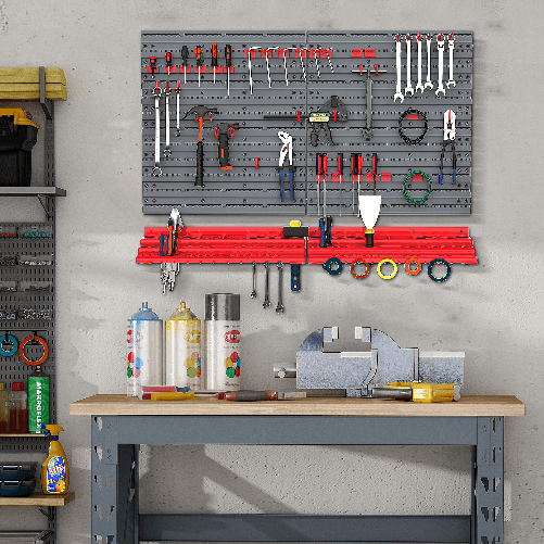DURHAND-54pz-Contenitore-Portautensile-con-50-ganci-montaggio-a-muro-rosso-grigo