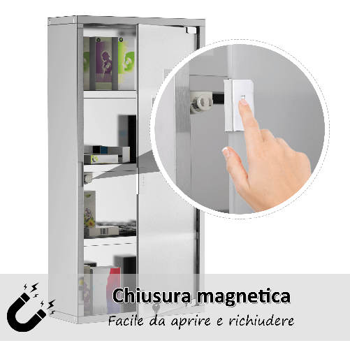 HOMCOM-Armadietto-Medicinale-Cassetta-Porta-Medicina-a-Quattro-Ripiani-in-Acciaio-Inox-30x12x60cm