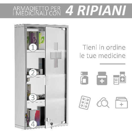 HOMCOM-Armadietto-Medicinale-Cassetta-Porta-Medicina-a-Quattro-Ripiani-in-Acciaio-Inox-30x12x60cm