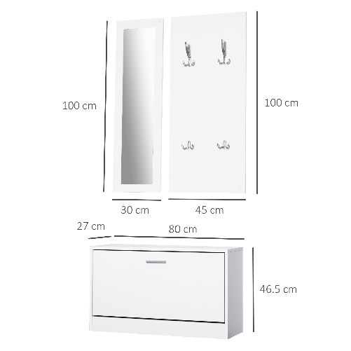 HOMCOM-Mobile-per-Ingresso-in-Legno-Set-3-Pezzi-con-Scarpiera-Appendiabiti-e-Specchio-80x27x46-5cm---Bianco