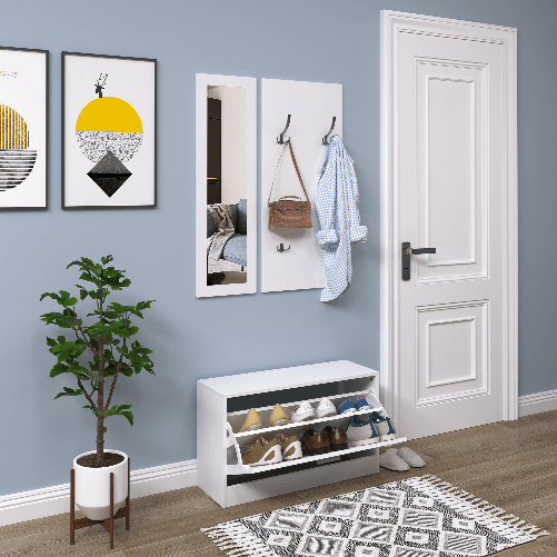 HOMCOM-Mobile-per-Ingresso-in-Legno-Set-3-Pezzi-con-Scarpiera-Appendiabiti-e-Specchio-80x27x46-5cm---Bianco