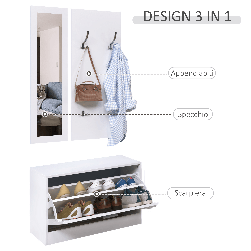 HOMCOM-Mobile-per-Ingresso-in-Legno-Set-3-Pezzi-con-Scarpiera-Appendiabiti-e-Specchio-80x27x46-5cm---Bianco