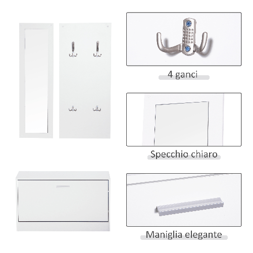 HOMCOM-Mobile-per-Ingresso-in-Legno-Set-3-Pezzi-con-Scarpiera-Appendiabiti-e-Specchio-80x27x46-5cm---Bianco
