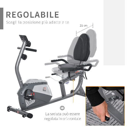 HOMCOM-Cyclette-Orizzontale-con-Schienale-e-Seduta-Regolabile-8-Resistenze-e-Monitor-LCD-121-5-136x62-5x98cm---Grigio