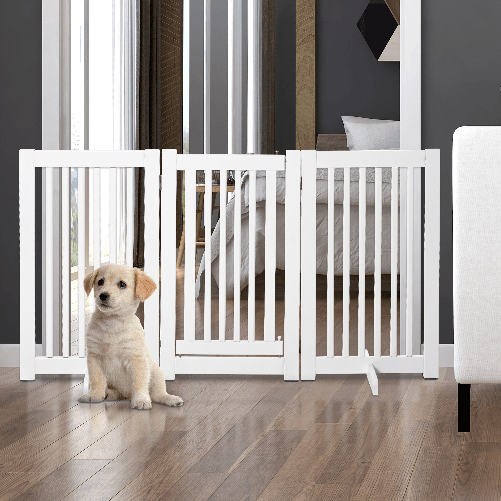 PawHut-Cancellino-per-Cani-Pieghevole-a-3-Pannelli-Porta-Centrale-con-Blocco-Struttura-in-MDF-155x76cm-Bianco