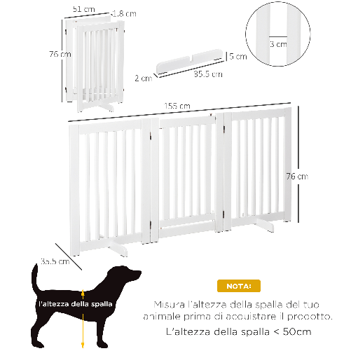 PawHut-Cancellino-per-Cani-Pieghevole-a-3-Pannelli-Porta-Centrale-con-Blocco-Struttura-in-MDF-155x76cm-Bianco