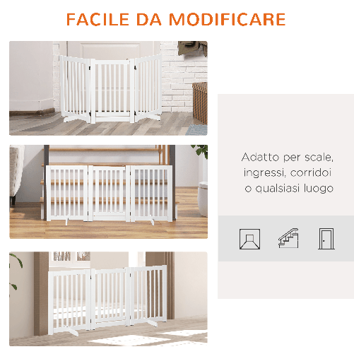 PawHut-Cancellino-per-Cani-Pieghevole-a-3-Pannelli-Porta-Centrale-con-Blocco-Struttura-in-MDF-155x76cm-Bianco