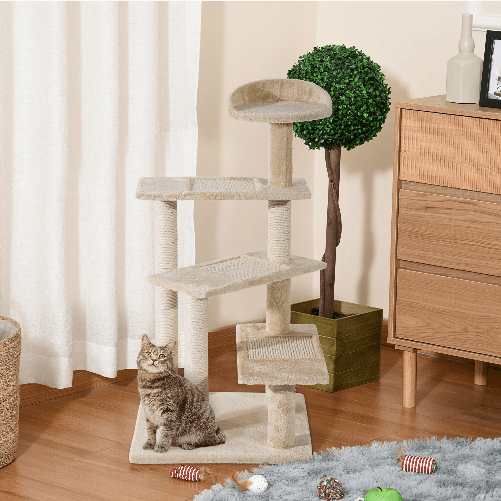 PawHut-Trespolo-per-Gatti-Multilivello-con-Tiragraffi-in-Sisal-Albero-per-Gatti-con-Piattaforme-e-Cuccia-in-Peluche-Beige-50x50x100cm
