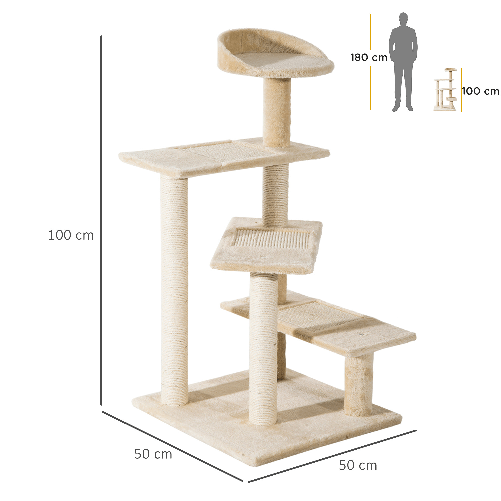 PawHut-Trespolo-per-Gatti-Multilivello-con-Tiragraffi-in-Sisal-Albero-per-Gatti-con-Piattaforme-e-Cuccia-in-Peluche-Beige-50x50x100cm