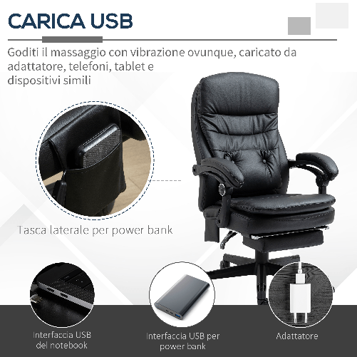 Vinsetto-Sedia-da-Ufficio-Massaggiante-in-Similpelle-con-Presa-USB-64x69x107-115cm-Nero