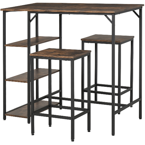 HOMCOM-Set-Tavolo-Alto-con-2-Sgabelli-e-Scaffale-Stile-Industriale-in-Metallo-e-Legno-Marrone-Rustico