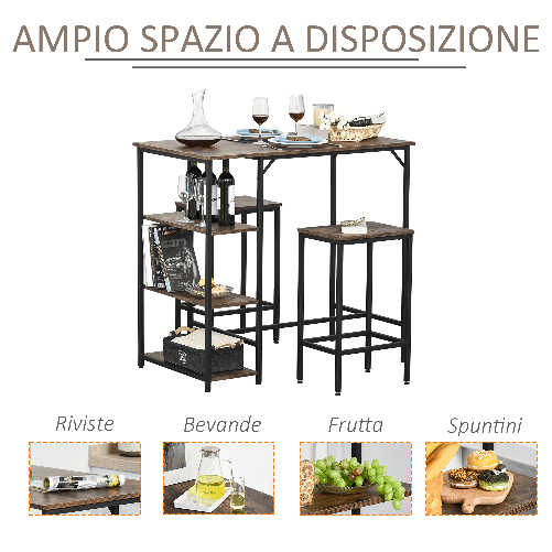 HOMCOM-Set-Tavolo-Alto-con-2-Sgabelli-e-Scaffale-Stile-Industriale-in-Metallo-e-Legno-Marrone-Rustico