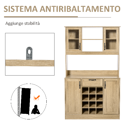 HOMCOM-Mobile-Credenza-Alta-da-Cucina-con-Cassetto-4-Armadietti-Mensole-e-Portabottiglie-in-Legno-Rovere