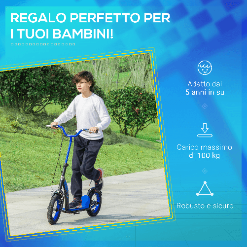 HOMCOM-Monopattino-per-Bambini-5--Anni-Altezza-Regolabile-e-Doppio-Freno-118x55-5x85-100-5cm-Blu