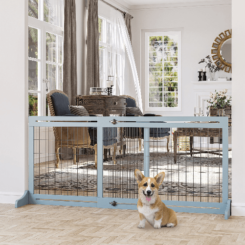 PawHut-Cancellino-per-Cani-Estensibile-da-Interno-in-Legno-e-Acciaio-104-183x36x69cm-Blu