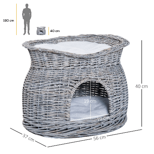 PawHut-Cuccia-per-Gatti-a-2-Ripiani-In-Vimini-Grigio-con-2-Cuscini-Lavabili-Interno-Esterno-56---37---40cm