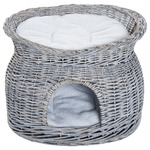 PawHut-Cuccia-per-Gatti-a-2-Ripiani-In-Vimini-Grigio-con-2-Cuscini-Lavabili-Interno-Esterno-56---37---40cm