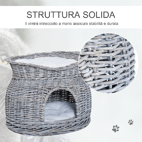 PawHut-Cuccia-per-Gatti-a-2-Ripiani-In-Vimini-Grigio-con-2-Cuscini-Lavabili-Interno-Esterno-56---37---40cm