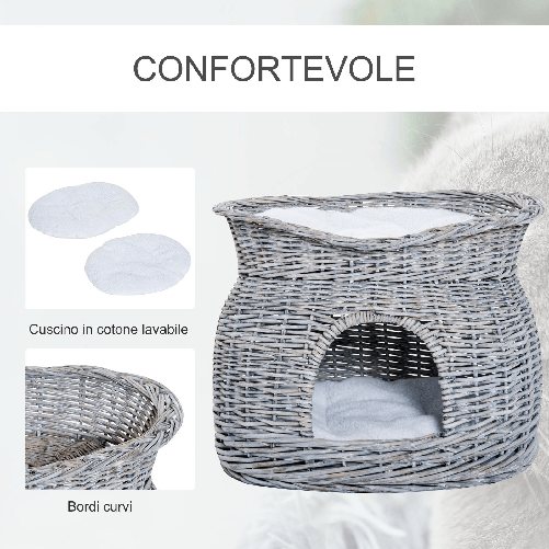 PawHut-Cuccia-per-Gatti-a-2-Ripiani-In-Vimini-Grigio-con-2-Cuscini-Lavabili-Interno-Esterno-56---37---40cm