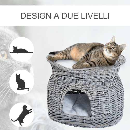 PawHut-Cuccia-per-Gatti-a-2-Ripiani-In-Vimini-Grigio-con-2-Cuscini-Lavabili-Interno-Esterno-56---37---40cm