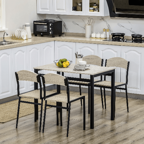 HOMCOM-Set-da-Pranzo-con-Tavolo-Rettangolare-e-4-Sedie-in-Acciaio-e-MDF-Nero-e-Rovere