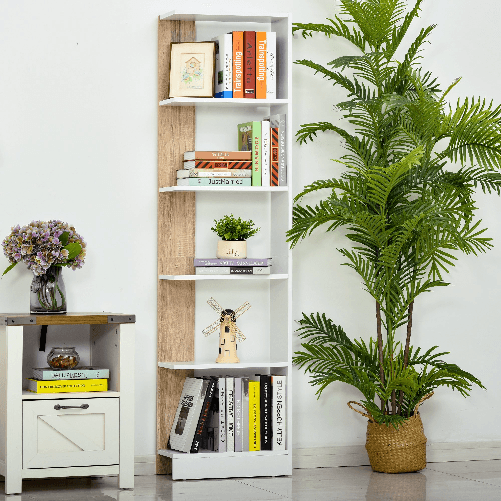 HOMCOM-Scaffale-Libreria-a-Parete-in-Legno-Color-Rovere-e-Bianco-con-5-Ripiani