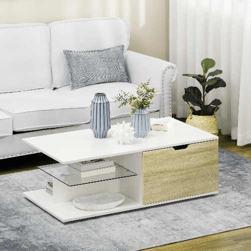 HOMCOM-Tavolino-Basso-da-Caffe-in-Truciolato-con-Cassetti-e-Ripiano-in-Vetro-per-Soggiorno-e-Ingresso-106x58x39-cm-Bianco