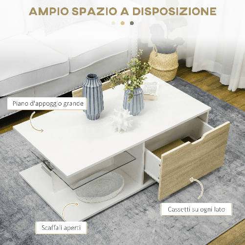 HOMCOM-Tavolino-Basso-da-Caffe-in-Truciolato-con-Cassetti-e-Ripiano-in-Vetro-per-Soggiorno-e-Ingresso-106x58x39-cm-Bianco