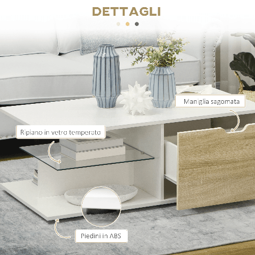 HOMCOM-Tavolino-Basso-da-Caffe-in-Truciolato-con-Cassetti-e-Ripiano-in-Vetro-per-Soggiorno-e-Ingresso-106x58x39-cm-Bianco