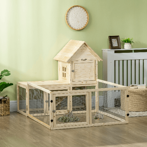 PawHut-Conigliera-per-Interno-in-Legno-d-Abete-con-Vassoio-Estraibile-3-Porte-e-Area-Esterna-151-5x106x97-cm