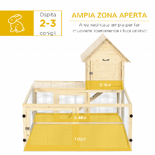 PawHut-Conigliera-per-Interno-in-Legno-d-Abete-con-Vassoio-Estraibile-3-Porte-e-Area-Esterna-151-5x106x97-cm