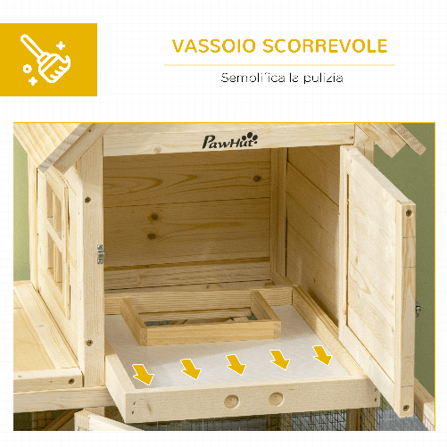 PawHut-Conigliera-per-Interno-in-Legno-d-Abete-con-Vassoio-Estraibile-3-Porte-e-Area-Esterna-151-5x106x97-cm