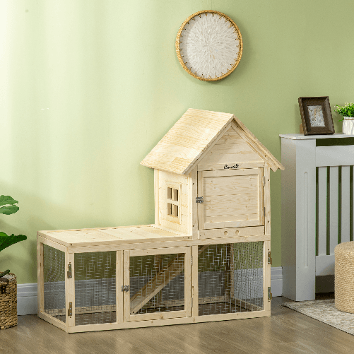 PawHut-Conigliera-per-Interno-in-Legno-d-Abete-con-Vassoio-Estraibile-3-Porte-e-Area-Esterna-151-5x106x97-cm