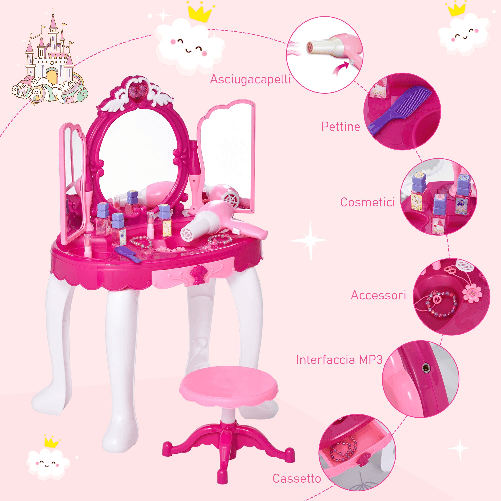 HOMCOM-Tavolo-da-Toeletta-per-Bambina-Postazione-Trucco-Giocattolo-con-Accessori