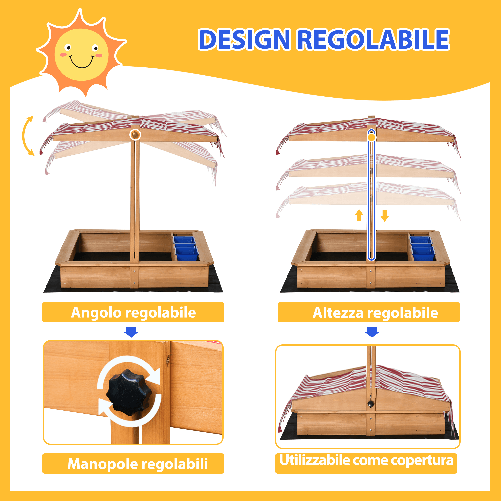 Outsunny-Sabbiera-per-Bambini-in-Legno-con-Tettuccio-Regolabile-Sedute-e-Vaschette-107-5x107-5x110cm