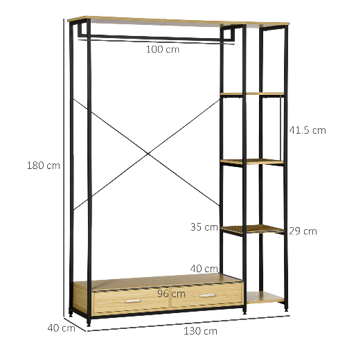 HOMCOM-Appendiabiti-in-Stile-Industriale-con-2-Cassetti-e-4-Ripiani-Aperti-in-Dotazione-in-Acciaio-e-Truciolato-130x40x180cm-Color-Legno-e-Nero