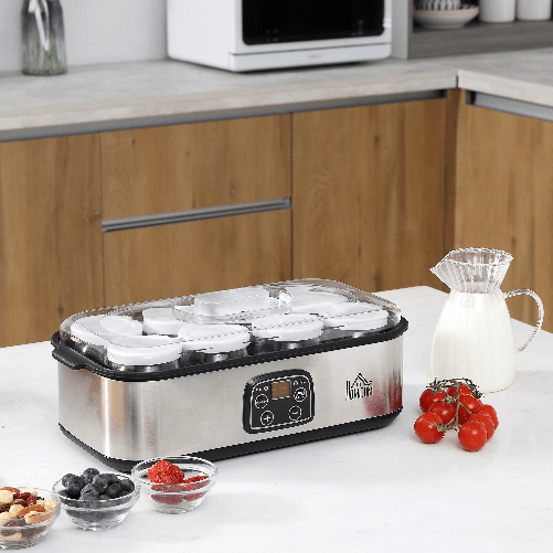 HOMCOM-Yogurtiera-Elettrica-30W-con-8-Vasetti-Inclusi-Timer-1-48-Ore-e-Temperatura-Regolabile-20-50-C-36x18-8x14cm-Argento