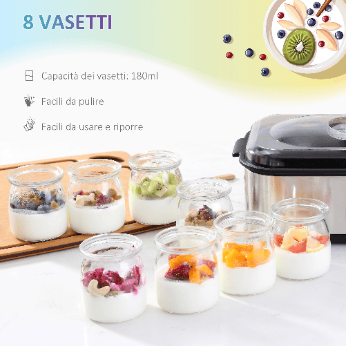 HOMCOM-Yogurtiera-Elettrica-30W-con-8-Vasetti-Inclusi-Timer-1-48-Ore-e-Temperatura-Regolabile-20-50-C-36x18-8x14cm-Argento