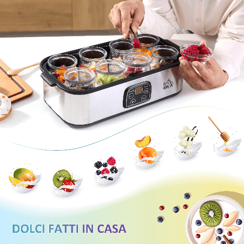 HOMCOM-Yogurtiera-Elettrica-30W-con-8-Vasetti-Inclusi-Timer-1-48-Ore-e-Temperatura-Regolabile-20-50-C-36x18-8x14cm-Argento