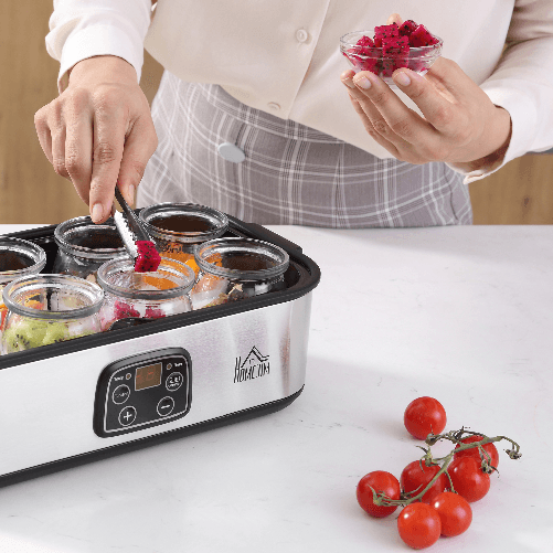 HOMCOM-Yogurtiera-Elettrica-30W-con-8-Vasetti-Inclusi-Timer-1-48-Ore-e-Temperatura-Regolabile-20-50-C-36x18-8x14cm-Argento