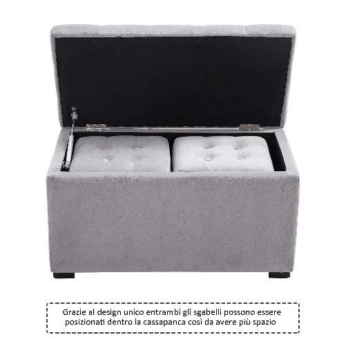 HOMCOM-Cassapanca-Portaoggetti-Multiuso-con-2-Sgabelli-Pouf-in-Velluto-Grigio-Perla