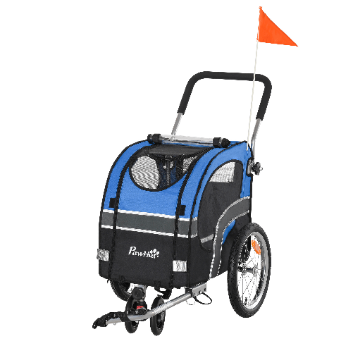 PawHut-Passeggino-2-in-1-per-Cani-e-Rimorchio-Bici-Ruote-Catarifrangenti-e-Bandierina-Blu