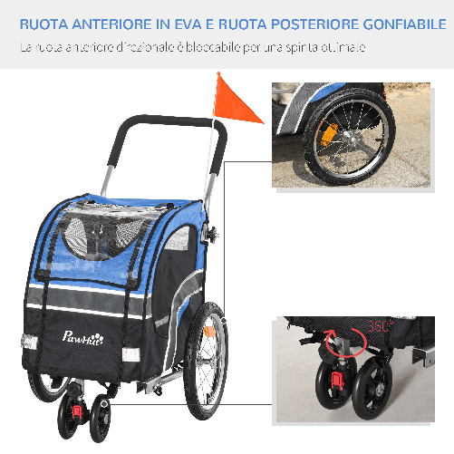 PawHut-Passeggino-2-in-1-per-Cani-e-Rimorchio-Bici-Ruote-Catarifrangenti-e-Bandierina-Blu