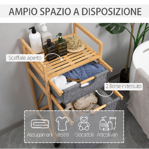 HOMCOM-Cesto-Portabiancheria-con-2-Scomparti-e-Ruote-Sacchi-in-Tessuto-e-Struttura-in-Bambu-42x35x84-5cm