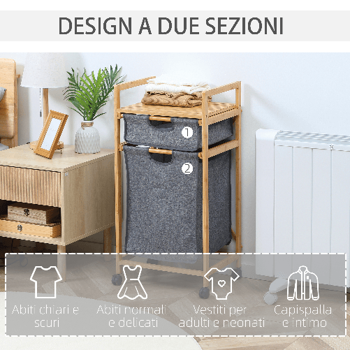 HOMCOM-Cesto-Portabiancheria-con-2-Scomparti-e-Ruote-Sacchi-in-Tessuto-e-Struttura-in-Bambu-42x35x84-5cm
