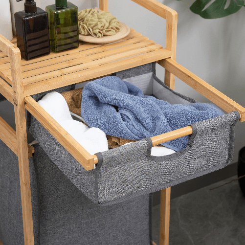 HOMCOM-Cesto-Portabiancheria-con-2-Scomparti-e-Ruote-Sacchi-in-Tessuto-e-Struttura-in-Bambu-42x35x84-5cm