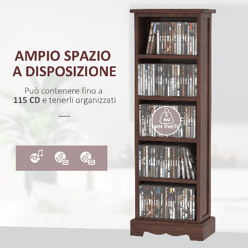 HOMCOM-Mobiletto-Scaffale-Porta-CD-con-5-Ripiani-di-Archivazione-in-Legno-Marrone-30x-17x-90cm