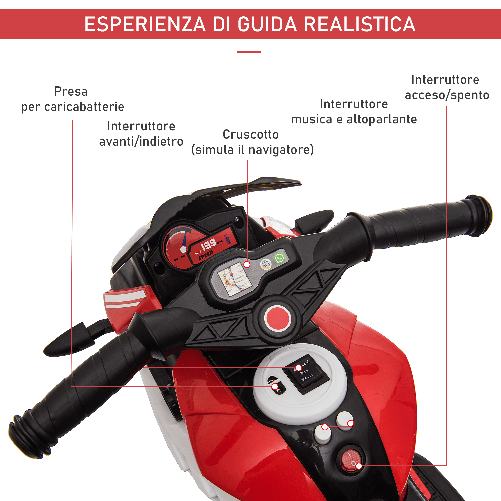 HOMCOM-Moto-Elettrica-per-Bambini-3-5-Anni-Max--25kg-con-Luci-Musica-Batteria-6V-e-Velocita-3km-h-86cmx42cmx52cm-Rossa