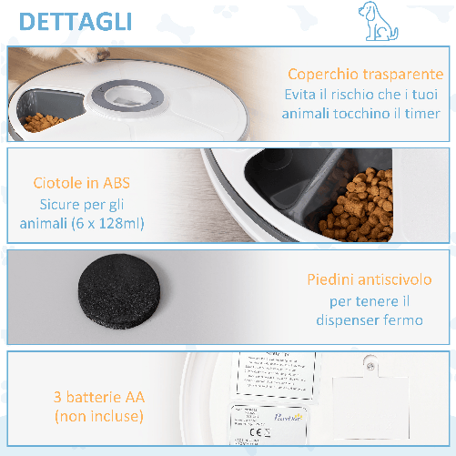 PawHut-Distributore-Automatico-Cibo-Cani-e-Gatti-6-Pasti-Ciotole-con-Timer-e-Display-LED-a-Batterie-Dispenser-Cibo-per-Piccoli-Animali-con-Musica